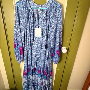 Spell Blue Floral Maxi Dress with Magenta Accents NWT
